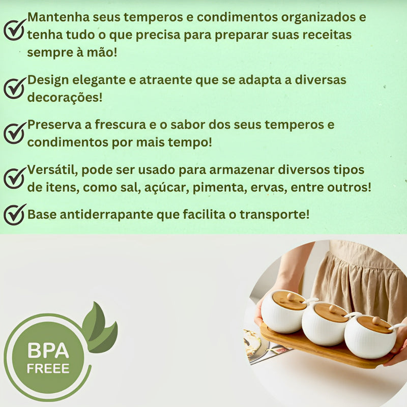 CONJUNTOS PORTA TEMPEROS DE CERÂMICA E BASE DE BAMBU