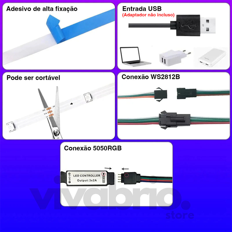 Fita LED RGB com entrada USB e conexão bluetooth